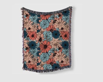 Floral Throw Blanket, Colorful Woven Tapestry, Boho Flower Blanket, Cozy Couch Throw, Botanical Home Decor, Gift for Her