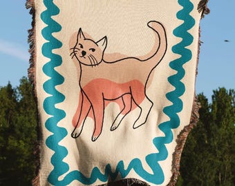 Cobertor colorido de gato trançado - manta jacquard divertida com borda azul, design fofo de animal de estimação, cobertor aconchegante para amantes de gatos e decoração de casa