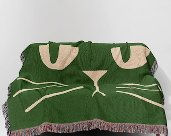 Cobertor de gato verde trançado - manta jacquard bicolor ousada para amantes de gatos, cobertor aconchegante para sofá, decoração moderna e minimalista com tema de animais