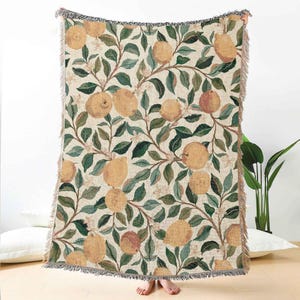 Lemon Grove Jacquard Woven Throw Blanket – Citrus Fruit Botanical Blanket with Green Leaves for Kitchen, Sofa, or Summer Picnic Decor