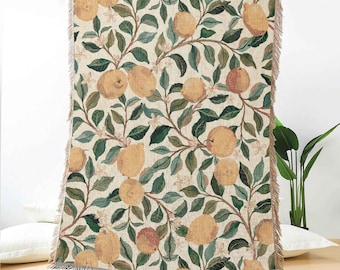 Lemon Grove Jacquard Woven Throw Blanket – Citrus Fruit Botanical Blanket with Green Leaves for Kitchen, Sofa, or Summer Picnic Decor