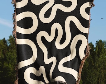 Black Abstract Swirl Jacquard Woven Blanket – Modern Minimalist Line Art Throw Blanket For Couch, Bed, Wall Hanging Or Boho Home Decor
