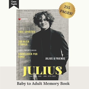Puede incluir: Portada de un libro de recuerdos con un joven con traje negro contra una pared de ladrillos. La portada incluye texto como "Julius & Friends", "255 Páginas!" y "Baby to Adult Memory Book". El diseño tiene una estética vintage.