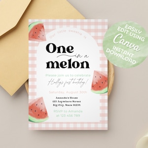One in a Melon First Birthday Invitation, Watermelon 1st Birthday Invite, Summer Birthday Party Evite, Digital Editable Template BT001