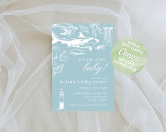 Zaproszenie na baby shower „Sea You Soon”: motyw oceaniczny, edytowalny szablon (pobranie cyfrowe)