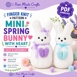 Może przedstawiać: Dwie białe figurki króliczków z dzianiny palcowej z fioletowymi i niebieskimi akcentami w kształcie serca i kokardkami. Obraz zawiera tekst "FINGER KNIT PATTERN MINI SPRING BUNNY WITH HEART EASY & ADORABLE!" i "PDF DOWNLOAD".