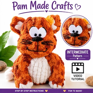 May include: A crocheted orange and white cat plush toy with large white eyes, a black nose, and whiskers. The image includes the text Pam Made Crafts, Intermediate Pattern, Video Tutorial, and Step-by-Step Instructions with a heart icon.