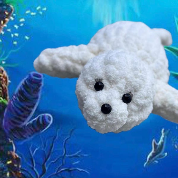 Padrão em PDF para tricotar com os dedos o bichinho de pelúcia de foca bebê, sem vídeo.