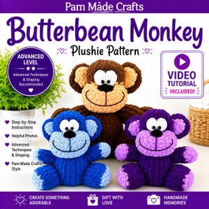 Butterbean Monkey Finger Knit Plushie Pattern | Chunky Yarn Stuffed Animal | Advanced Level PDF and Video Tutorial