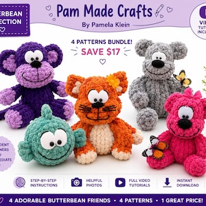 May include: A bundle of four crocheted plush toys including a purple monkey, a teal round creature, an orange cat with a yellow flower, and a gray bear, alongside a pink bear with a butterfly. Text includes Pam Made Crafts, 4 Patterns Bundle, and Save $17.
