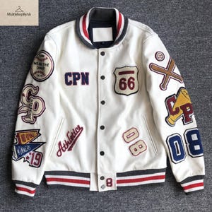 Stylish Vintage Varsity Jacket | White College Bomber with Embroidered Patches | Retro Letterman Baseball Jacket