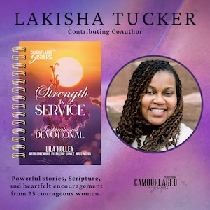 May include: A book cover with the title "Strength in Service" and the author's name, Lila Holley. The cover features a sunset and floral imagery. The author's name is Lakisha Tucker. The book is an inspirational devotional.