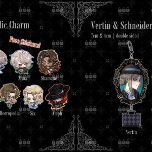 Op de afbeelding: Dubbelzijdige acryl charms van Reverse: 1999, met epoxy glitter. De charms zijn 5 cm en 7 cm groot. De afbeelding toont personages zoals Medicine Pocket, Vertin en Schneider.