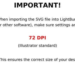 May include: White background with black text that reads "IMPORTANT!" followed by instructions for importing an SVG file into LightBurn software. The text highlights the need to set the DPI to 72 for correct design sizing.