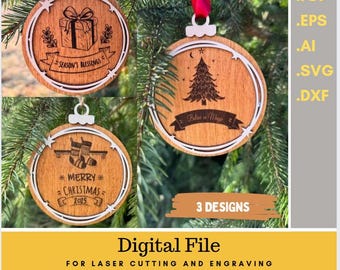 May include: Three wooden Christmas ornaments with engraved designs. One features a gift box, another a Christmas tree, and the third, stockings. Each ornament has a white border and is hanging from a red ribbon. The text "Season's Blessings", "Believe in Magic", and "Merry Christmas 2025" are included.