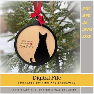 Cat Ornament SVG Laser File | Christmas Decoration | Editable Text + Engraved Version