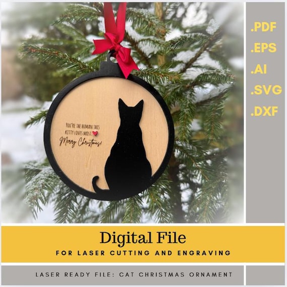 Cat Ornament SVG Laser File | Christmas Decoration | Editable Text + Engraved Version