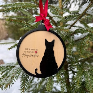 May include: A black and wood-toned cat-themed Christmas ornament. The ornament features a black cat silhouette and the text "You're the human this kitty loves most. Merry Christmas!" It hangs from a red ribbon on a Christmas tree.