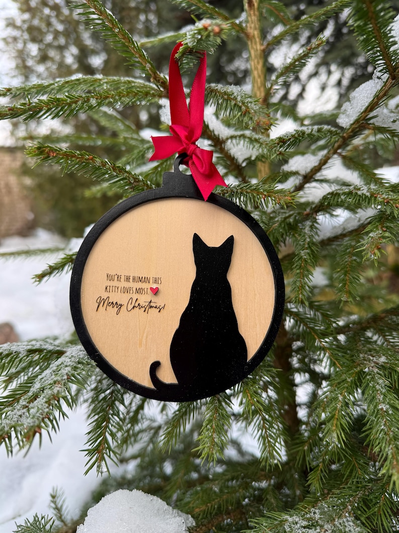 May include: A black and wood-toned cat-themed Christmas ornament. The ornament features a black cat silhouette and the text "You're the human this kitty loves most. Merry Christmas!" It hangs from a red ribbon on a Christmas tree.