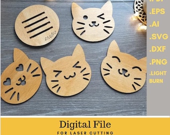 Cat Coasters SVG Set of 4 with Stand: Laser Cut Files (Digital Download