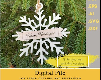 Laser Cut Snowflake Ornament File: Editable Name Ribbon (SVG, PDF, DXF)