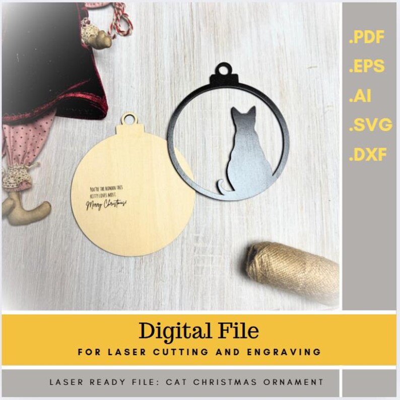 Cat Ornament SVG Laser File | Christmas Decoration | Editable Text + Engraved Version