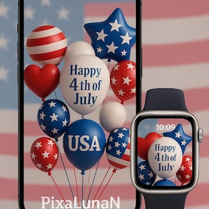 Sfondo per iPhone del 4 luglio, schermata Apple Watch, sfondo digitale patriottico degli Stati Uniti, palloncini rossi, bianchi e blu
