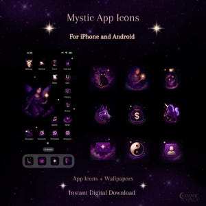 Può includere: Prodotto digitale con icone di app e sfondi mistici per iPhone e Android. Le icone viola presentano temi mistici come una fata, un lupo, un gatto e un unicorno. Lo sfondo è un cielo stellato.
