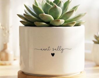 Vaso personalizado com o nome da tia para suculentas, vaso de cerâmica com base de bambu, presente para a tia, presente de aniversário para a tia, vaso de plantas personalizado