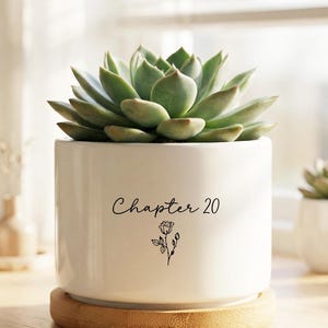 Puede incluir: Una maceta cilíndrica de cerámica blanca con el texto negro Chapter 20 y una pequeña ilustración de una rosa. La maceta descansa sobre una base de madera clara y contiene una planta suculenta verde, junto a otras macetas más pequeñas.