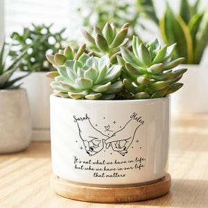 May include: White ceramic plant pot with a succulent, decorated with a black line drawing of clasped hands. The pot has the names "Sarah" and "Helen" and the quote "It's not what we have in life, but who we have in our life that matters."