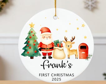 Personlig julgransprydnad med barnets första jul 2025, rund keramisk julgransprydnad med hjort, personligt namn, minnesmärke för nyfödda barn
