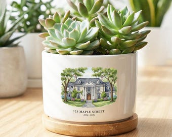Spersonalizowana doniczka z akwarelowym motywem, spersonalizowana doniczka do domu, prezent na parapetówkę, pamiątka z nowego domu, ceramiczna doniczka