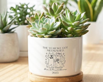 Maceta personalizada para pareja de gatos, maceta de cerámica personalizada para interior, regalo divertido para recién casados, maceta para suculentas, regalo de aniversario de San Valentín.