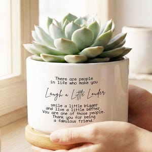 May include: A white ceramic plant pot with a succulent. The pot has the text "Laugh a Little Louder" and other inspirational text. The pot sits on a wooden coaster.
