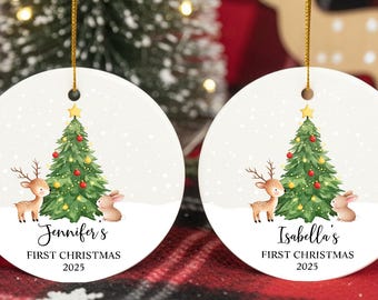 Personlig julgransprydnad för barnets första år 2025, rund keramisk julgransdekoration med hjort och kanin, personligt namn, nyfödd present till bebis