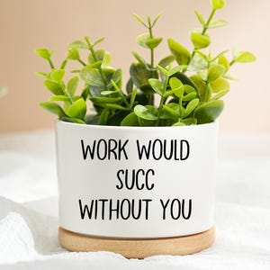 Puede incluir: Una maceta de cerámica blanca con el texto "WORK WOULD SUCC WITHOUT YOU" en letras negras. La maceta contiene plantas verdes y se apoya en una pequeña base de madera. Un artículo decorativo para un escritorio o el hogar.
