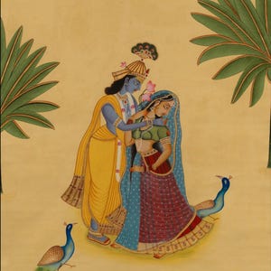 100% Handmade Divine Love of Radha Krishna Amid Nature – Pichwai Art Depicting Eternal Romance with Peacocks and Lotuses