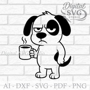 Könnte beinhalten: Eine schwarz-weiße digitale Grafik eines mürrischen Hundes, der eine dampfende Kaffeetasse hält. Der Hund hat einen Fleck über einem Auge und einen mürrischen Gesichtsausdruck. Der Text Digital SVG Studio steht oben rechts, AI-DXF-SVG-PDF-PNG unten.
