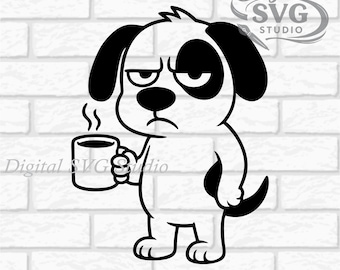 Cartoon Grumpy Funny Dog with Coffee SVG DXF File for  Laser Cutting | Digital Download | Scrapbook and Sticker File | Pet Animals | Png Pdf