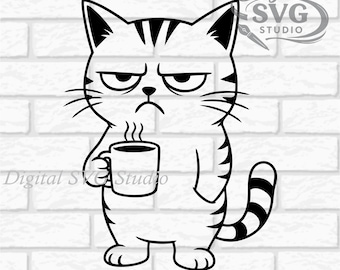 Cartoon Grumpy Funny Cat with Coffee SVG DXF File for  Laser Cutting | Digital Download | Scrapbook and Sticker File | Pet Animals | Png Pdf