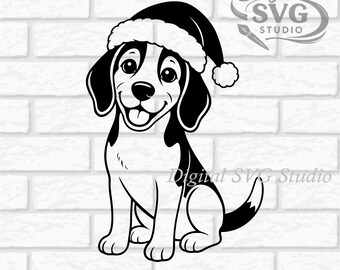 Cartoon Beagle Puppy with Christmas Hat SVG DXF File for  Laser Cutting | Digital Download | Scrapbook and Sticker File Pet Animals Png Pdf
