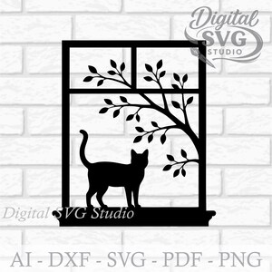 May include: Black silhouette of a cat standing in a window frame with a tree branch design. The image includes the text "Digital SVG Studio" and file type options: AI, DXF, SVG, PDF, and PNG.