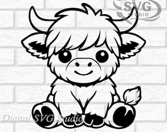 Cartoon Baby Highland Cow SVG DXF File for Cricut or Laser Cutting | Digital Download | Scrapbook and Sticker File | Farm Animals | Png Pdf