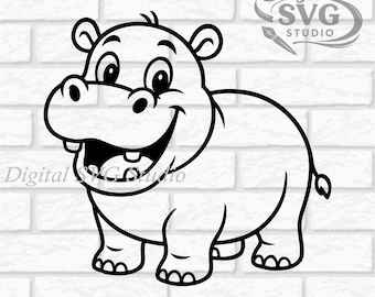 Cartoon Happy Hippopotamus SVG DXF File for  Laser Cutting | Digital Download | Scrapbook and Sticker File | Safari Animals | Png Pdf