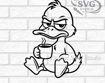 Cartoon Grumpy Duck with Coffee SVG DXF File for  Laser Cutting | Digital Download | Scrapbook and Sticker File | Animals | Png Pdf