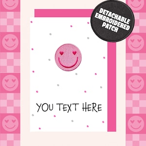 Personalised Card: Pink Heart Eyes Smiley Patch Keepsake birthday card / any occasion