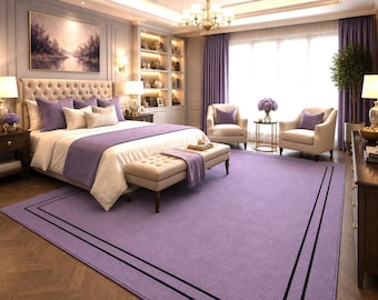 Hand Tufted NZ Wool Rug, Lavender Minimalist Border Carpet, Custom Size Living Room