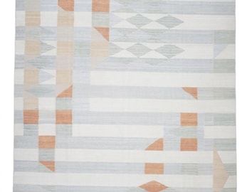 Handwoven Wool Kilim Rug, Geometric Nordic Flatweave, 30 x 48 Blue MCM