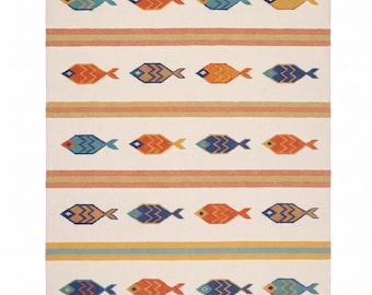 Fish Design Kilim coastal home decor, nz wool rug, flatweave area rug